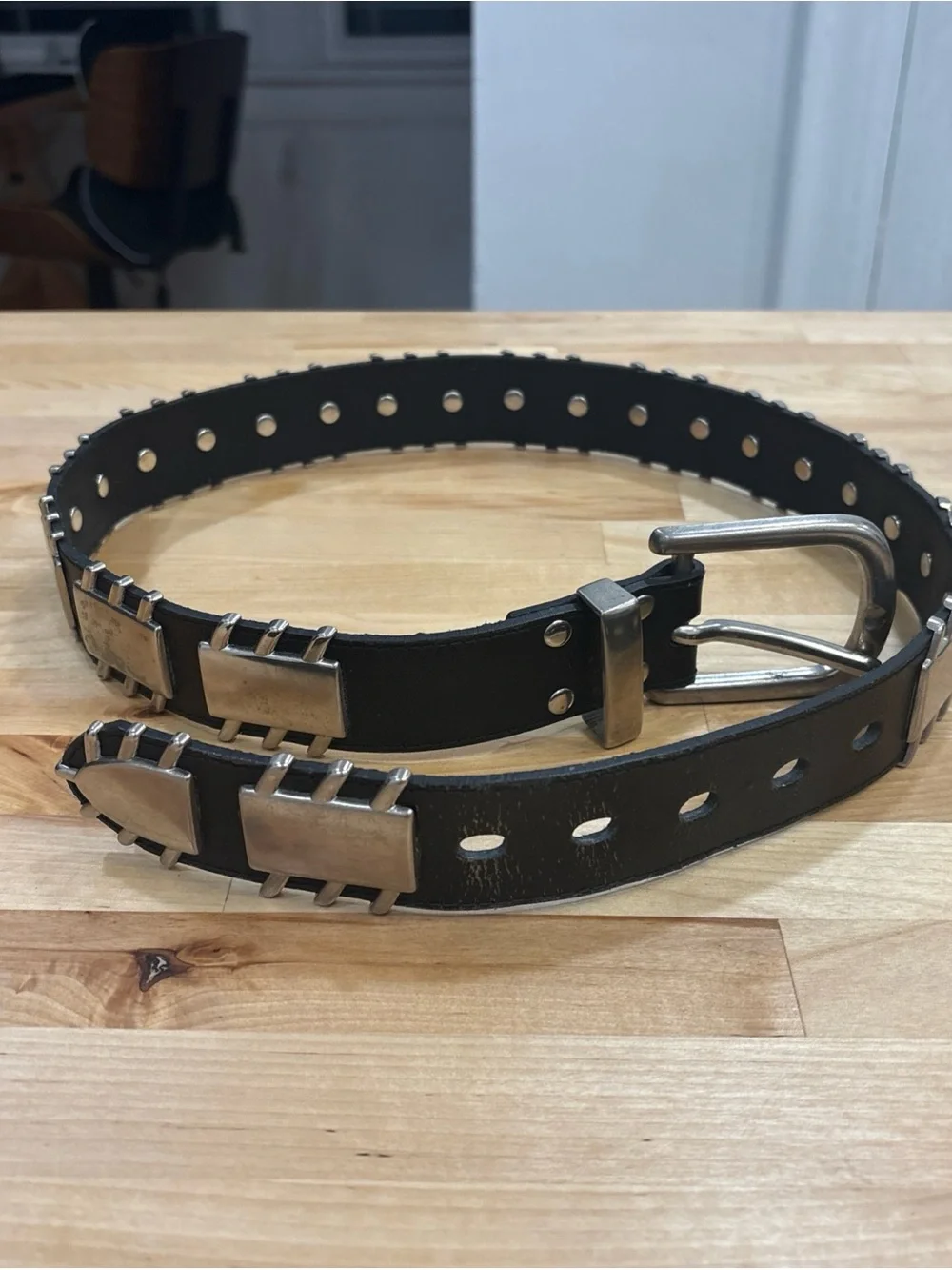 latigo bonded leather belt featuring punk-inspired metal plates silver studs